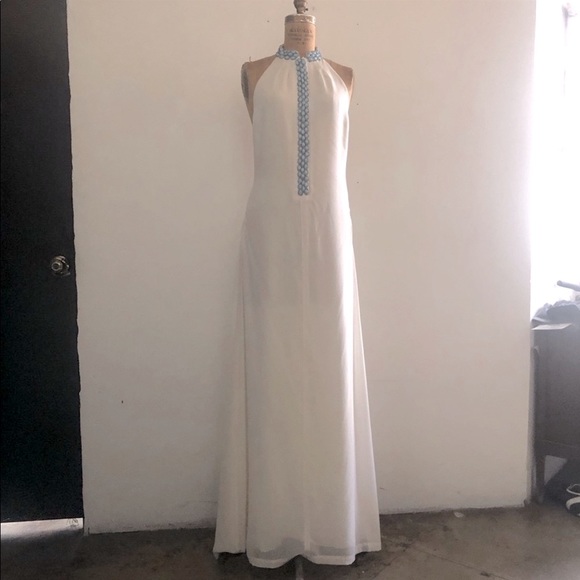 J.DOSI]Turquoise Embellishment Cream Silk Crepe Halter neck Backless Dress - Picture 6 of 16